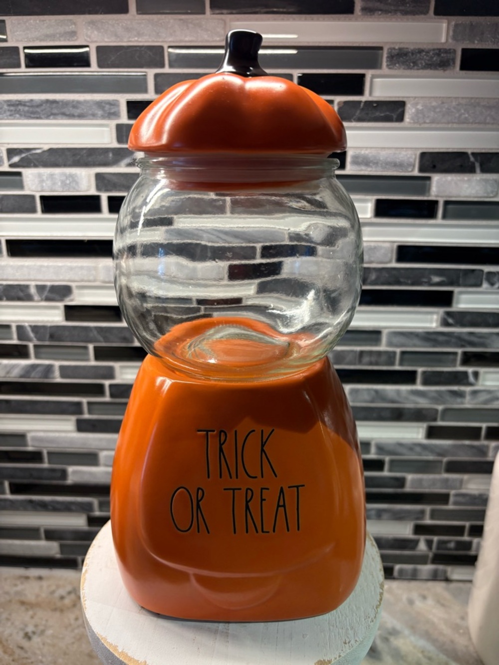 Rae Dunn Orange 'Trick or Treat' Pumpkin Candy Jar